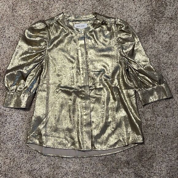 Dear John Gold Metallic Rowan Hidden Placket 3/4 Sleeve Top Medium - Picture 2 of 7